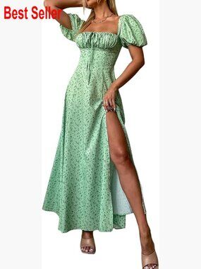 Puff Sleeve Floral Maxi Dress with Lace Trim and High Slit